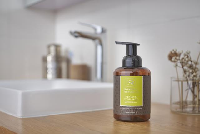Naturally antiseptic and antifungal, blended with Lemongrass Essential Oil to produce non-toxic, moisturizing, antibacterial foaming hand soap that is hypoallergenic and gentle on all skin types. Delivers 70% more hand washes without artificial fragrance.